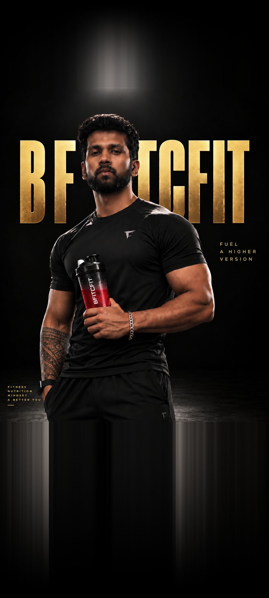 A trainer in black kit holding a BFITCFIT shaker, under the gold BFITCFIT wordmark